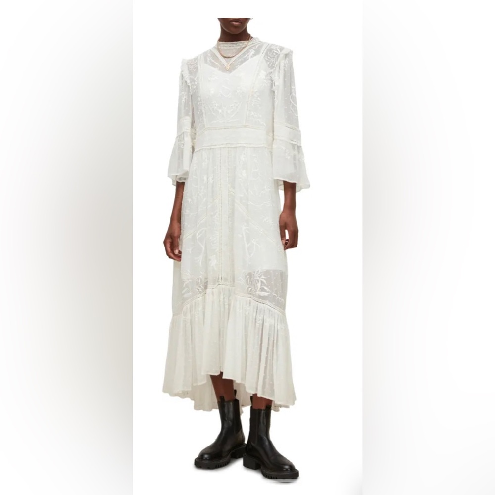 ALLSAINTS Emery Embroidered Midi Dress